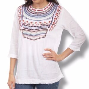 Linen 100% Cotton Boho Hippie Embroidered Womens Medium White Blouse Top